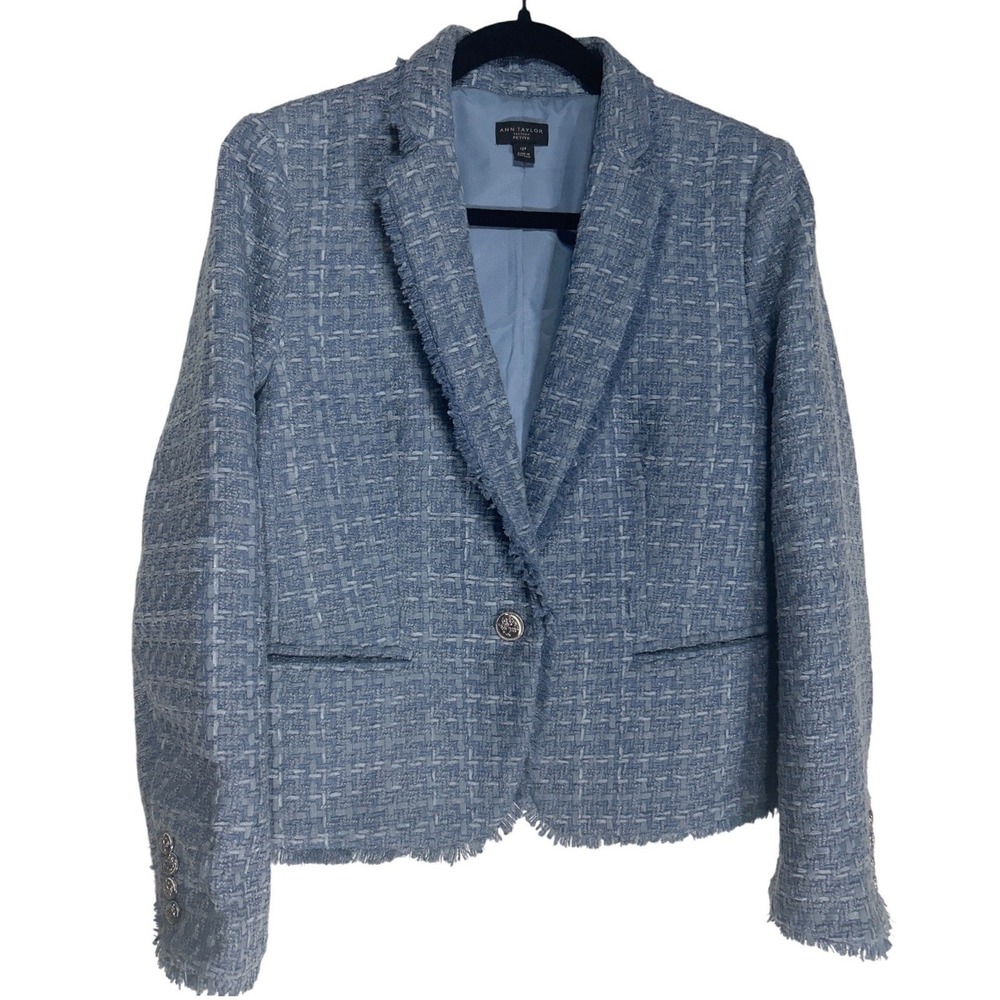 Ann Taylor Fringe Tweed Single Button Blazer Jacket Blue Sz 12P Retail: $179 EUC